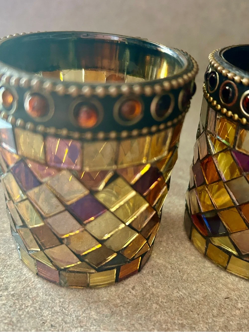 Iridescent Amber Mosaic Votive Holders - Set of 2